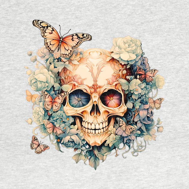 Enchanting Decay, Bloom Skull in a Gothic Garden (Antique Version) by Nebula Nexus
